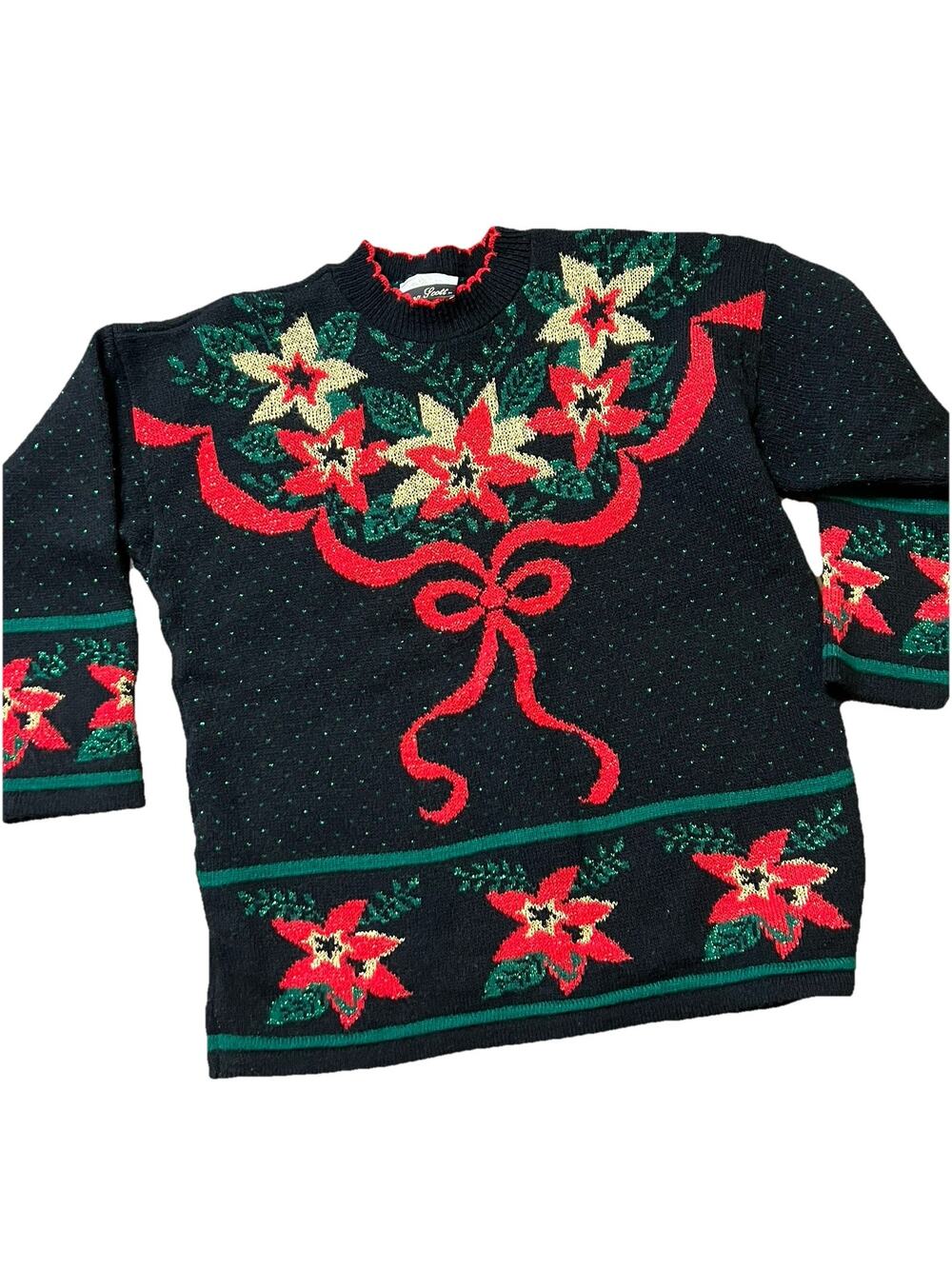 Vtg Ugly Christmas Sweater Womens Medium Black Red Poinsettia Dana Scott 80s